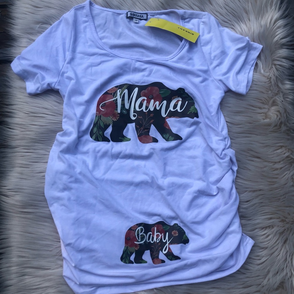 Ginkana Maternity Mama Baby Bear Print Ruched White T-shirts Women, size M